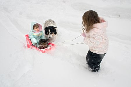 a big sister pulling her little sister in a sledの写真素材