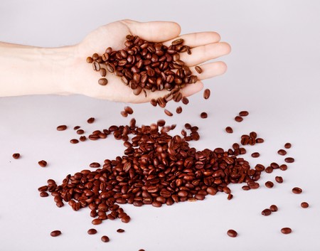 Human hand is holding brown coffee beans の写真素材
