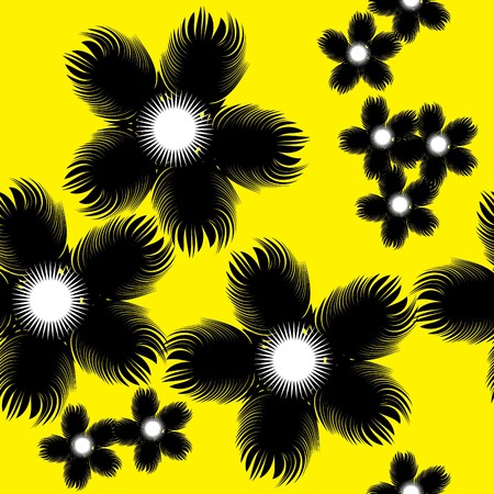 Seamlessly vector wallpaper with art black flowers on yellowのイラスト素材