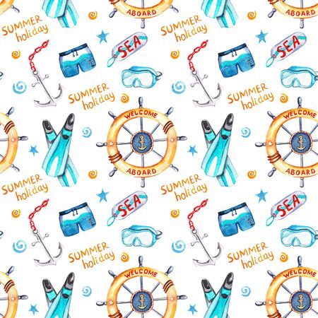 Watercolor seamless pattern sea adventures with isolated objects. Perfect for your design, wallpaper, packaging. Hand made watercolor painted forgetful summer objects.の写真素材