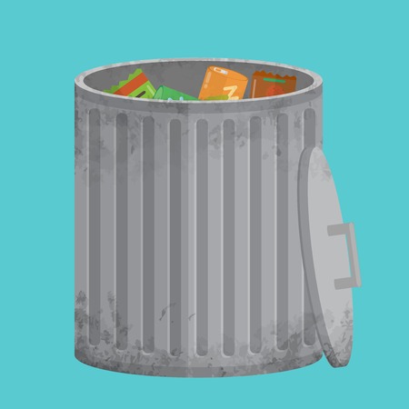The trash can filled with garbage. Shabby, dirty and used. The flat design style. All parts are divided on separate layers.のイラスト素材