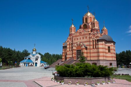 A christian church and bell towerの写真素材