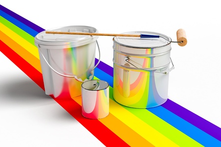 Bucket with paint, roller, and rainbows colors on a white backgroundの写真素材