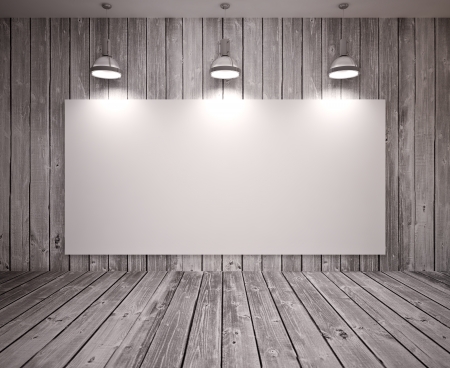 Banner on wooden  wall with lamps, modern interiorの写真素材