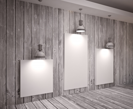 Banner on wooden  wall with lamps, modern interiorの写真素材
