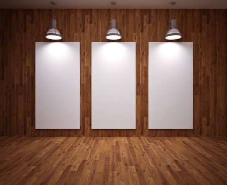 Banner on wooden  wall with lamps, modern interiorの写真素材