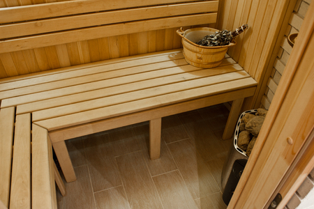 sauna bath and sauna accessories, bucket and broomの写真素材