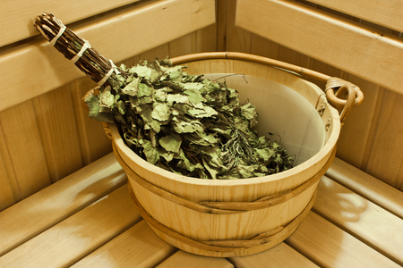 sauna bath and sauna accessories, bucket and broomの写真素材