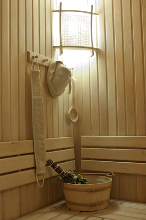 sauna bath and sauna accessories, bucket and broomの写真素材