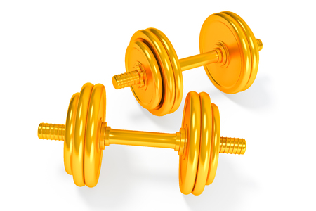 set of gold dumbells  on white backgroundの写真素材