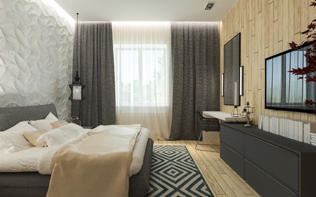 Master bedroom with dressing room 3D panels in a modern styleの写真素材
