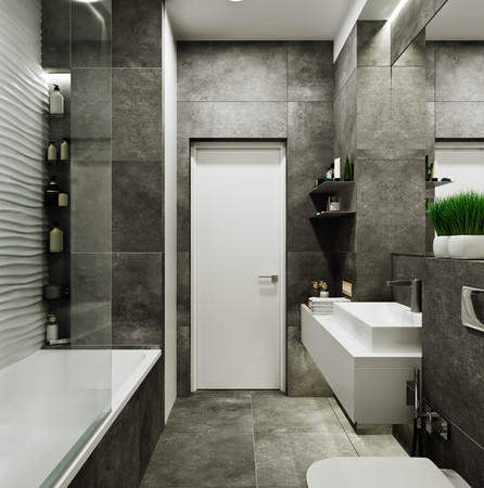 modern bathroom design with tiles under concrete and waveの写真素材