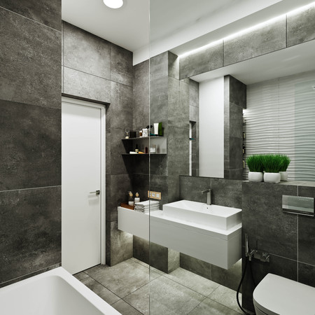 modern bathroom design with tiles under concrete and waveの写真素材