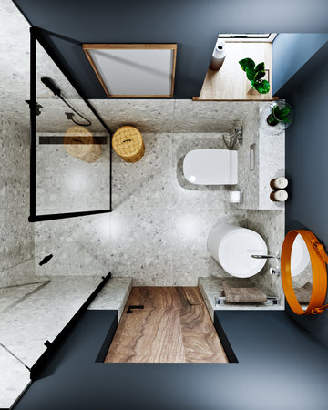 3D Rendering Modern Bathroom Design with Tiles under Concrete and Marbleの写真素材