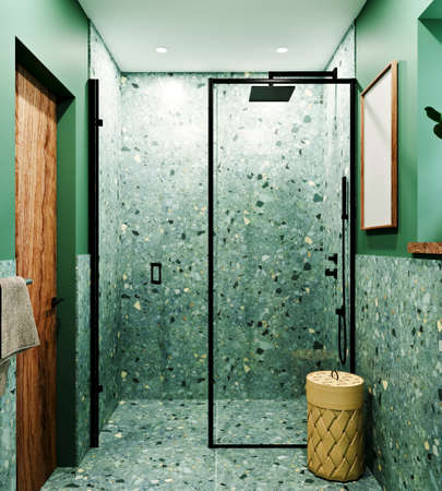 3D Rendering Modern Bathroom Design with Tiles under Concrete and Marbleの写真素材