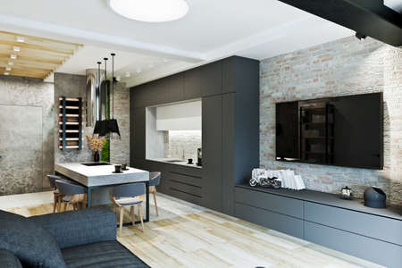 loft style apartment, living room - kitchen with wood and steel beams, brick and concrete plasterの写真素材