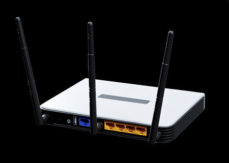 internet router 3d model isolated on black backgroundの写真素材