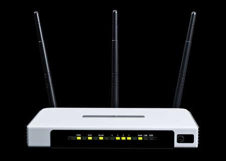 internet router 3d model isolated on black backgroundの写真素材