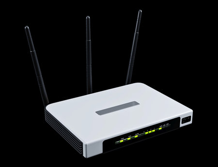 internet router 3d model isolated on black backgroundの写真素材
