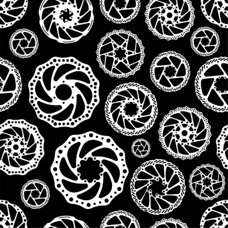 Bicycles. Seamless vector pattern with bicycle parts on black background. Brake disks of mountain, sports bicycles.のイラスト素材