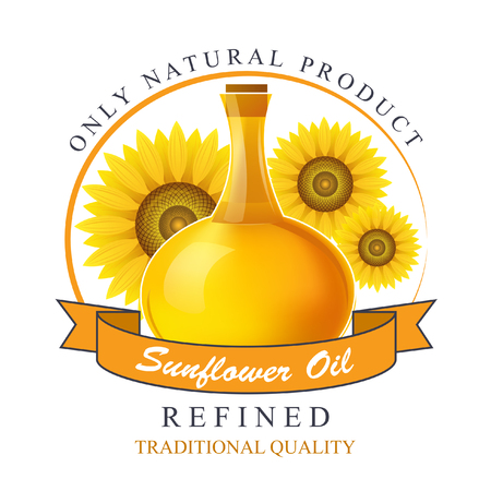 Vegetable sunflower oil in a bottle against a background of ripe sunflowersのイラスト素材