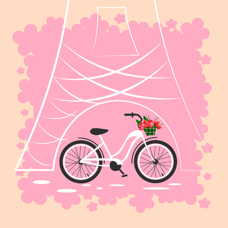 Bicycle with a basket of flowers on the background of the Eiffel Towerのイラスト素材