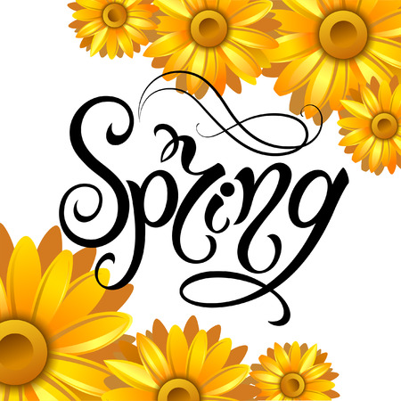 Spring Flower Background and Spring Lettering. Vector Illustrationのイラスト素材