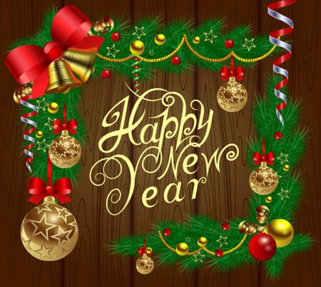 Happy New Year! Congratulatory banner with fir branches, glass balls and gold bells with red festive bows on wood backgroundのイラスト素材