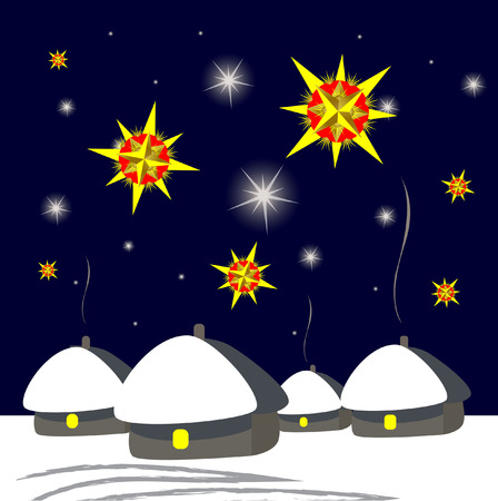 Rural winter landscape with houses, stars and Christmas stars. Nightのイラスト素材