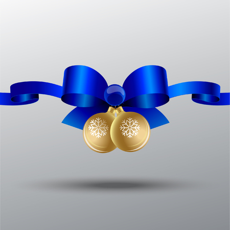 New blue silk bow with ribbons and Christmas balls with snowflakesのイラスト素材