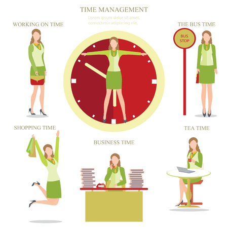 Businesswoman in various character with Time management, walking on time, the bus time, business time, tea time, shopping time, Vector illustration.のイラスト素材