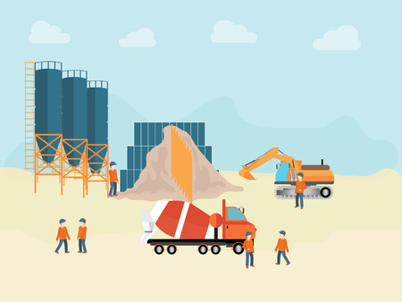 Industrial Cement Processing Plant with man worker, vector illustration.のイラスト素材