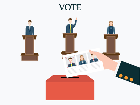 Candidates standing at the podium.Voting concept, Vote ballot with box, Vector illustration, flat design.のイラスト素材