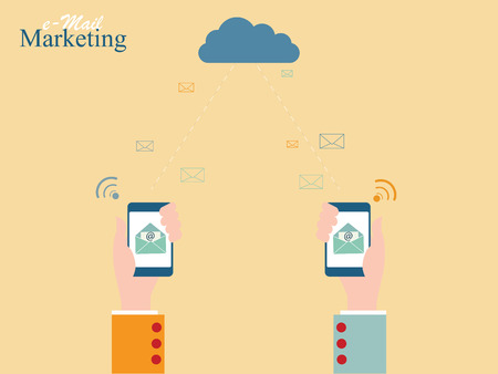 Email marketing conceptual, Hand from a monitor screen holding e-mail letter, Vector illustration.のイラスト素材