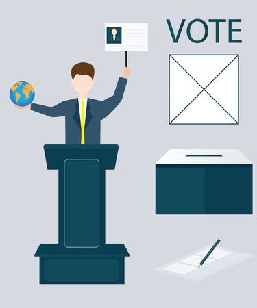 Candidates standing at the podium with hands holding globe earth.Voting concept, Vote ballot with box, Vector illustration, flat design.のイラスト素材