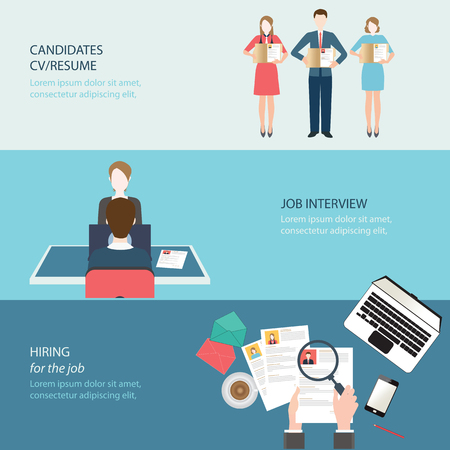 Recruitment flat banner set with job search,job interview, hired the job, conceptual vector illustration.のイラスト素材