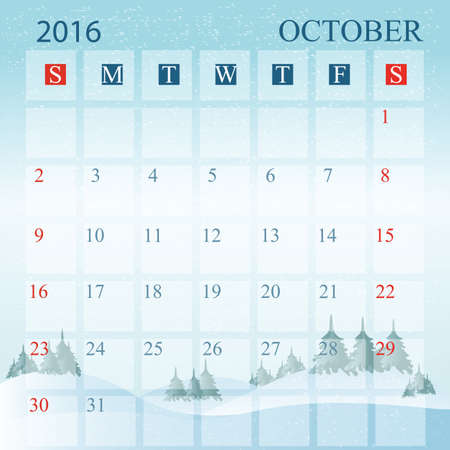Calendar 2016, Flat Design Template, october, Week Starts Sunday,  illustration.のイラスト素材