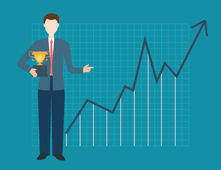 Businessman is holding trophy on the background of the upward chart, business conceptual illustration.のイラスト素材
