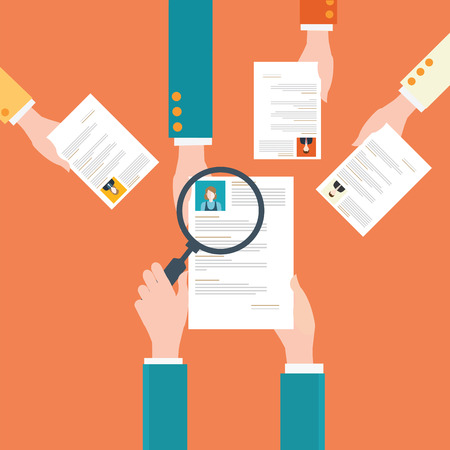 Magnifying glass searching cv or resume of candidates, business people, Human resources, conceptual illustration.のイラスト素材