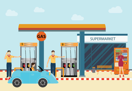 Gas petroleum petrol refill station cars and customers, shopping service, Drinking water vending machine, vector illustration.のイラスト素材
