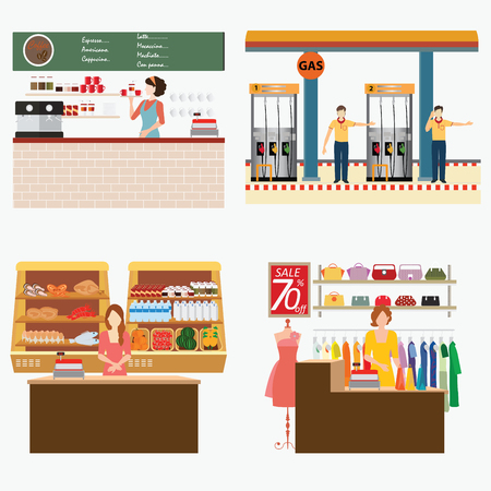 Supermarket, coffee shop, oil station and clothing shop with customer services isolated on white, conceptual vector illustration.のイラスト素材