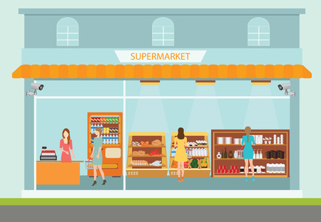 Supermarket building and interior with people buying products on shelves, shopping vector illustration.のイラスト素材