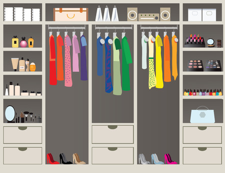 Flat Design walk in closet with shelves for accessories and cosmetic make up, interior design, Clothing store, Boutique indoor of woman's cloths, conceptual Vector illustration.のイラスト素材