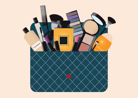 Makeup cosmetics bag with accessories and Personal Belongings, perfume, sunblock cream, Eyelashes, eyeshadow, lipstick, brushes, vector illustration.のイラスト素材