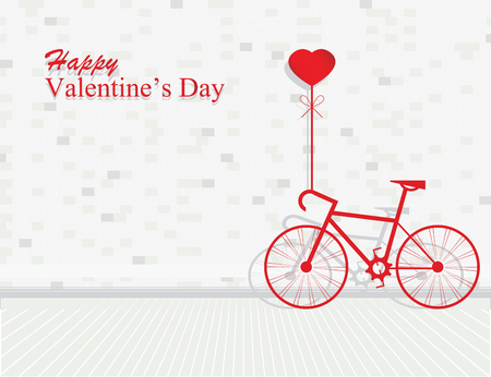Card for Valentines day with bicycle and ballons heart shaped on brick wall background, vector illustrationのイラスト素材