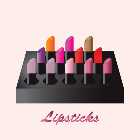 Cosmetics store display products of color lipsticks, Red lipstick, pink lipstick, orange lipstick, wine lipstick, multicolored lipsticks, Makeup, vector illustration.のイラスト素材