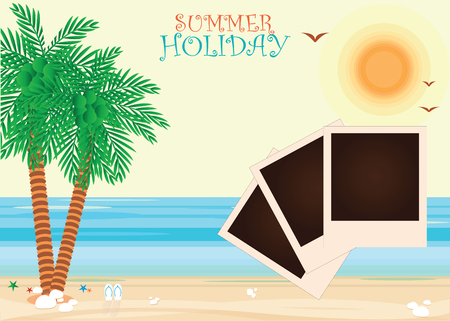 Beach with a photograph, palm trees and flip flops. Vacation background vectorillustration.のイラスト素材