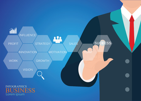 Businessman hand touching button key to success with new modern computer and business strategy as conceptual vector illustration.のイラスト素材