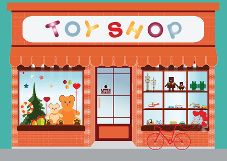 Toy shop window display, exterior building, kids toys vector illustration.