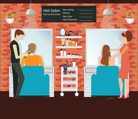 Hairdresser cuts customer s hair in the beauty salon, hairdresser fashion model, Hair salon interior building illustration.のイラスト素材